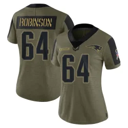 Women's Layden Robinson New England Patriots No.64 Limited 2021 Salute To Service Jersey - Olive
