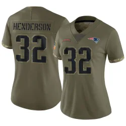 Women's TreVeyon Henderson New England Patriots No.32 Limited 2022 Salute To Service Jersey - Olive